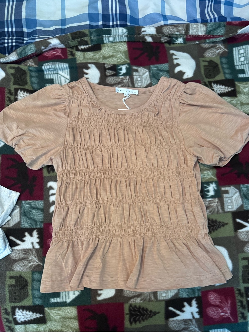 Jane & Delancey Khaki Smocked Cotton Top